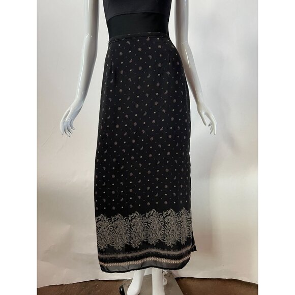 Vintage Black Midi Skirt sz 10 With Paisley & Floral Print Side Slit Button Clo - Picture 1 of 15